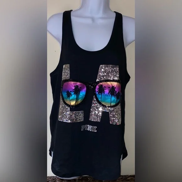 Victoria’s Secret pink destination bling top LA sequin bling tank sunglasses tee - Picture 4 of 9